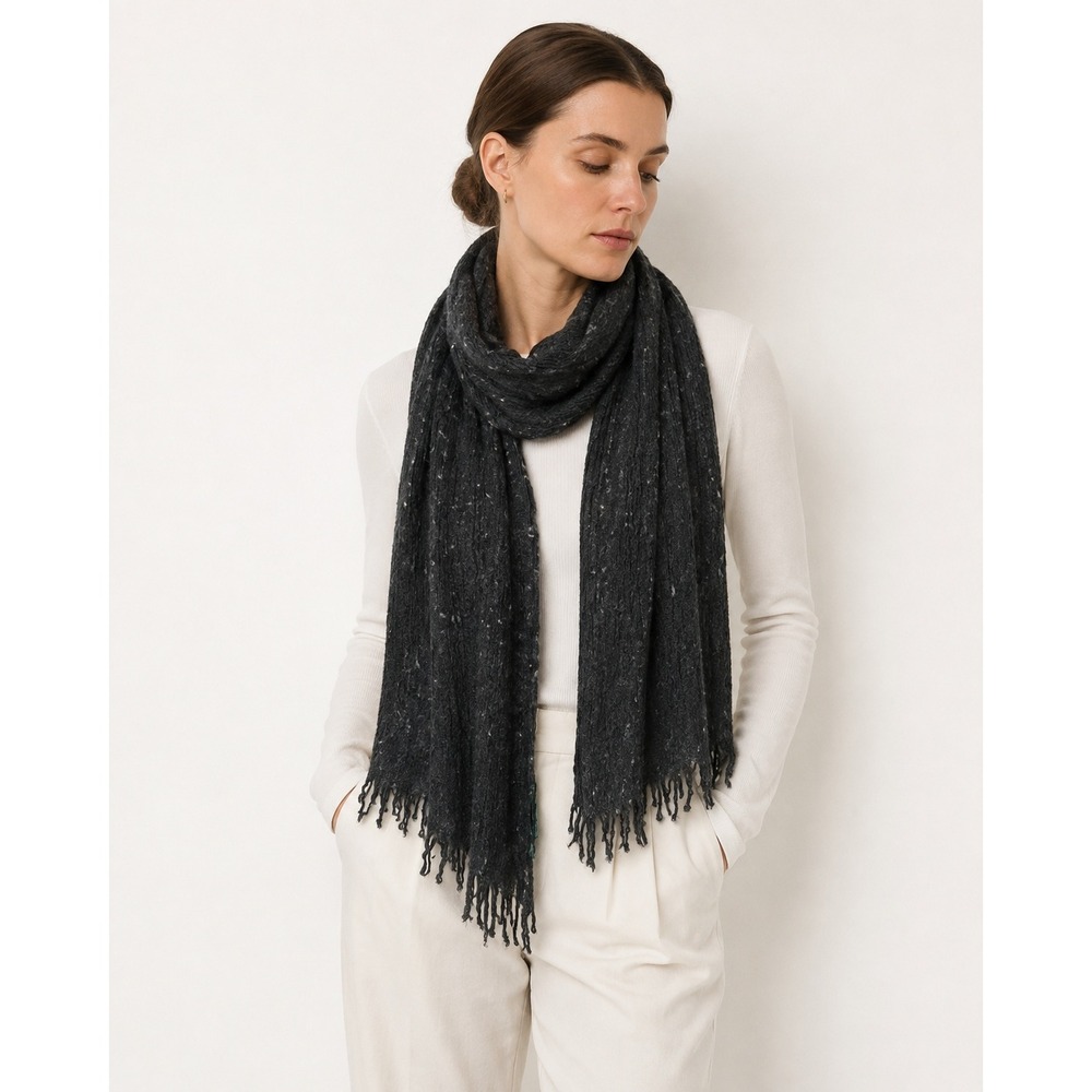 Ralph Lauren LRL Scarf Charcoal Grey Wool Alpaca Blend Fringed Speckled Knit